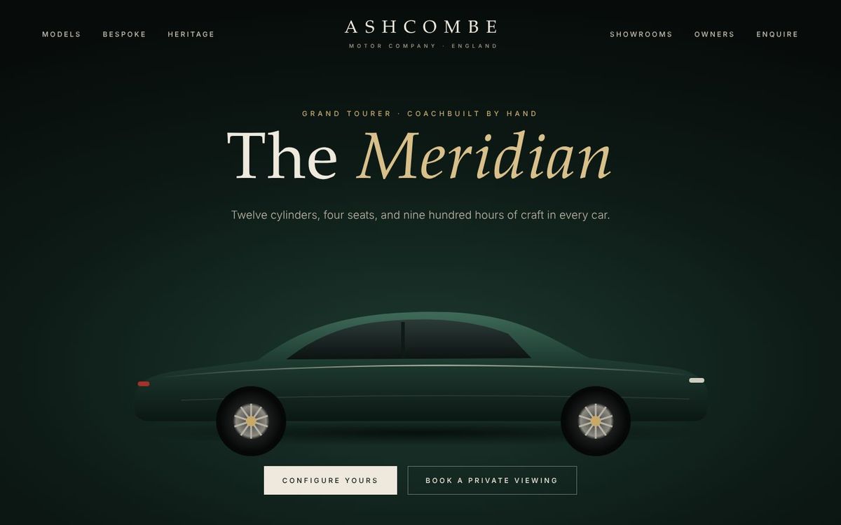 Concept homepage for Ashcombe Motor Company, a fictional British luxury car maker