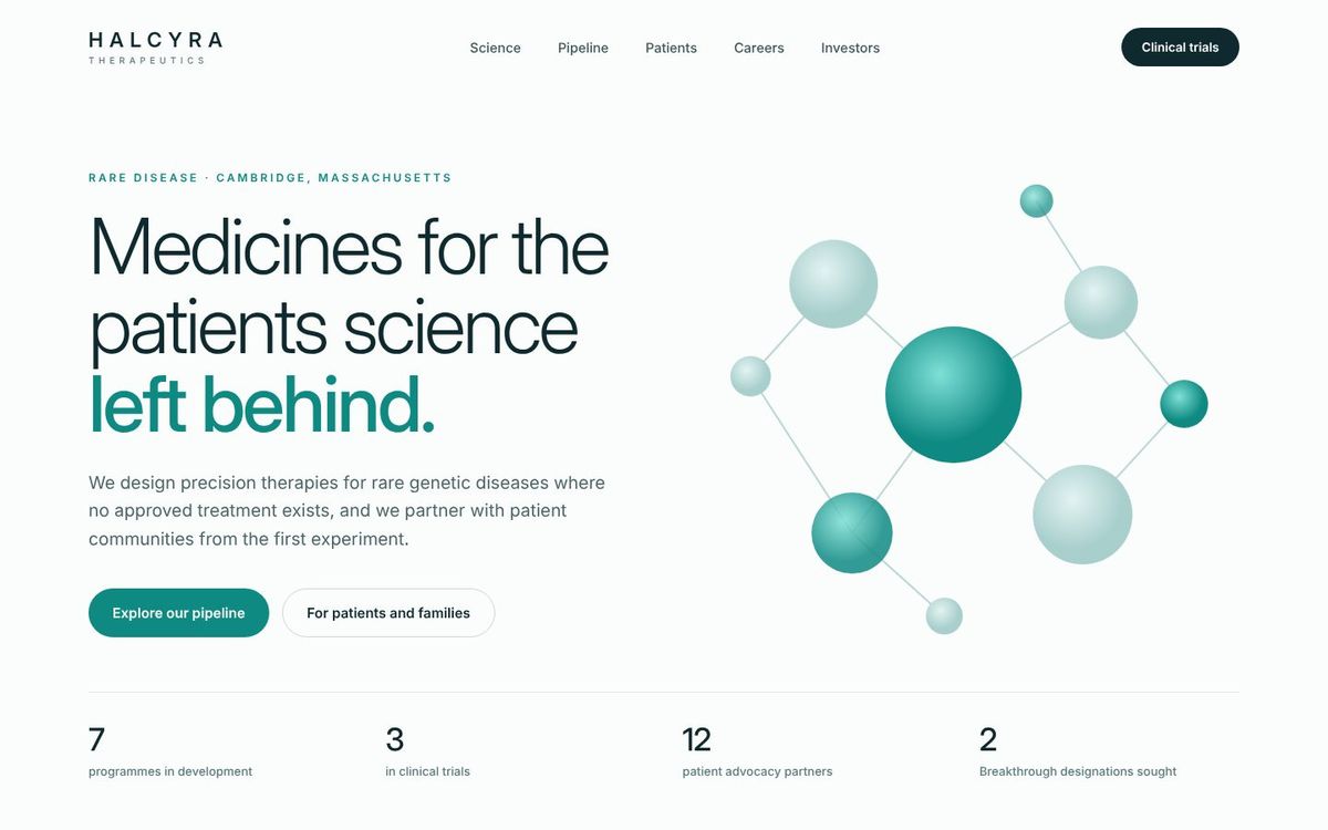 Concept homepage for Halcyra Therapeutics, a fictional US biopharma company